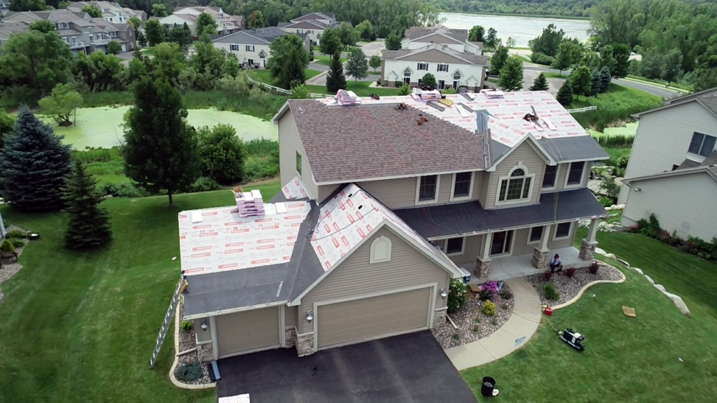 aerial view of residential roofing project by lakestar contractors